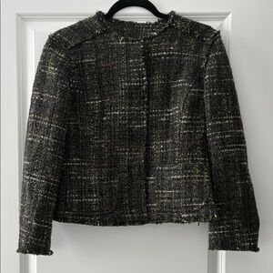 Brooks Brothers Size 4 Collarless Cropped Wool Tweed Jacket - Green/Black